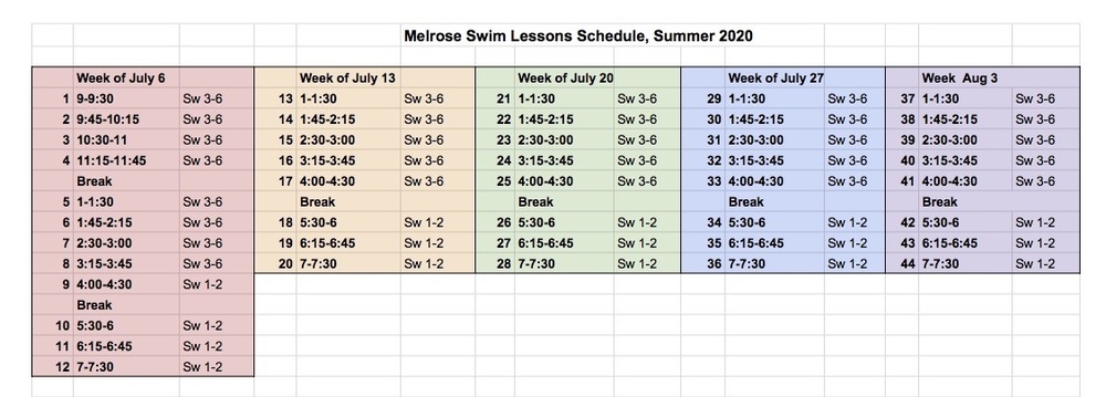 Swim Lessons Schedule 2020 | Melrose Area Public Schools